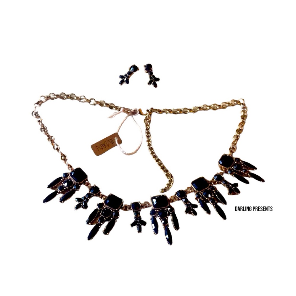 IMAN Global Chic Matching Necklace & Earrings Set Women Color Black & Gold - Picture 1 of 4
